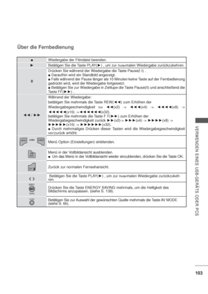 Page 145103
VERWENDEN EINES USB-GERÄTS ODER PCS
Über die Fernbedienung
Wiedergabe der Filmdatei beenden.
Betätigen Sie die Taste PLAY() , um zur n
odermalen Wiedergabe zurückzukehren.
IIDrücken Sie während der Wiedergabe die Taste Pause(I I) .
 Daraufhin wird ein Standbild angezeigt.
 Falls während der Pause länger als 10 Minuten keine Taste auf der Fernbedienung
gedrückt wird, wird die Wiedergabe fortgesetzt.
 Betätigen Sie zur Wiedergabe in Zeitlupe die Taste Pause(II) und anschließend die 
Taste FF()...