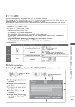 Page 149107
VERWENDEN EINES USB-GERÄTS ODER PCS
Bildschirmanzeigen
Die Einstellung für USBkann ebenfalls im Menü INPUT (EINGANG) vorgenommen werden.
In den übergeordneten ordner 
wechseln
Aktuelle Seite/Gesamtanzahl 
der Seiten
Entsprechende Tasten auf der
Fernbedienung
Inhalt des Ordners nach 
1
anzeigen
Aktuelle Seite/Gesamtanzahl 
der Seiten im Ordner nach 
1
anzeigen
1
3
2
Wählen Sie Meine
Medien.Wählen sie die option 
Fotoliste.2
1
4
5
Seite 1/1Fotoliste
Laufwerk1Seite 1/1
21
3
4
5
Nummern ändernZur...