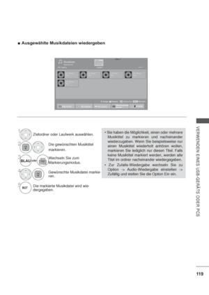 Page 16111 9
VERWENDEN EINES USB-GERÄTS ODER PCS
Ausgewählte Musikdateien wiedergeben 
1Zielordner oder Laufwerk auswählen.
2Die gewünschten Musiktitel
markieren.
3oderBLAUWechseln Sie zum 
Markierungsmodus.
4Gewünschte Musikdatei markie-
ren.
5Die markierte Musikdatei wird wie-
dergegeben.
Seite 1/1Musikliste
Laufwerk1Seite 1/1USB1 External
MarkierenMARKMarkierenSeitenwechsel BewegenP

Musiktitel zu markieren und nacheinander 
wiederzugeben. Wenn Sie beispielsweise nur 
einen Musiktitel wiederholt anhören...