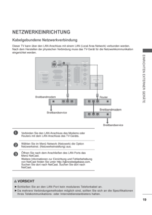 Page 6119
EINRICHTEN EXTERNER GERÄTE
VORSICHT
Schließen Sie an den LAN-Port kein modulares Telefonkabel an.
Da mehrere Verbindungsmethoden möglich sind, sollten Sie sich an die Spezifikationen 
Ihres Telekommunikations- oder Internetdienstanbieters halten.
1
NETZWERKEINRICHTUNG
Dieser TV kann über den LAN-Anschluss mit einem LAN (Local Area Network) verbunden werden. 
Nach dem Herstellen der physischen Verbindung muss das TV-Gerät für die Netzwerkkommunikation 
eingerichtet werden.
Kabelgebundene...