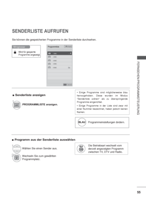 Page 9755
FERNSEHEN/PROGRAMMSTEUERUNG
SENDERLISTE AUFRUFEN
Sie können die gespeicherten Programme in der Senderliste durchsehen.
Wird für gesperrte
Programme angezeigt.
Miniglossar
Senderliste anzeigen
Programm aus der Senderliste auswählen

herv
orgehoben. Diese wurden im Modus 
“Senderliste
ordnen“ als zu überspringende 
Programme eingerichtet.

einer Nummer bezeichnet, haben jedoch keinen 
Namen.
Die Betriebsart wechselt vom 
derzeit angezeigten Programm 
zwischen TV, DTV und Radio.
1PROGRAMMLISTE...