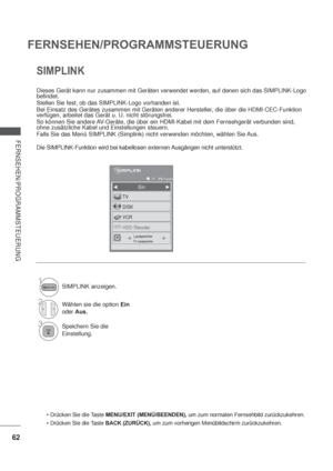 Page 10462
FERNSEHEN/PROGRAMMSTEUERUNG
FERNSEHEN/PROGRAMMSTEUERUNG
SIMPLINK
Dieses Gerät kann nur zusammen mit Geräten verwendet werden, auf denen sich das SIMPLINK-Logo 
befindet.
Stellen Sie fest, ob das SIMPLINK-Logo vorhanden ist.
Bei Einsatz des Gerätes zusammen mit Geräten anderer Hersteller, die über die HDMI-CEC-Funktion 
verfügen, arbeitet das Gerät u. U. nicht störungsfrei.
So können Sie andere AV-Geräte, die über ein HDMI-Kabel mit dem Fernsehgerät verbunden sind, 
ohne zusätzliche Kabel und...