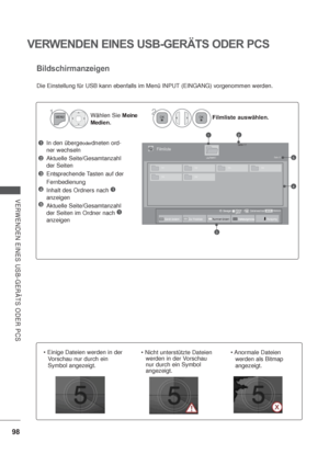 Page 14098
VERWENDEN EINES USB-GERÄTS ODER PCS
VERWENDEN EINES USB-GERÄTS ODER PCS
Bildschirmanzeigen
In den übergeoderdneten ord-
ner wechseln
Aktuelle Seite/Gesamtanzahl 
der Seiten
Entsprechende Tasten auf der
Fernbedienung
Inhalt des Ordners nach 1
anzeigen
Aktuelle Seite/Gesamtanzahl 
der Seiten im Ordner nach 
1
anzeigen
1
3
4
5
2
Wählen Sie Meine 
Medien.Filmliste auswählen.2
1
Seite 1/1Filmliste
Laufwerk1Seite 1/1
21
4
5
Die Einstellung für USB kann ebenfalls im Menü INPUT (EINGANG) vorgenommen werden....