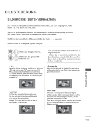 Page 177135
BILDSTEUERUNG
BILDSTEUERUNG
•  16:9
Genießen Sie das Kinoformat (bei Filmen im Bildformat 
16:9) oder bei normalen TVProgrammen den 16:9-
Modus. Dabei ist die 16:9-Bildschirmansicht mit der 
4:3-Ansicht identisch, jedoch wird der Ausschnitt rechts 
und links vergrößert, so dass der 16:9-Bildschirm ganz 
ausgefüllt ist..
• Just Scan
Im folgenden Auswahl wird beschrieben, wie
Sie eine optimale hochauflösende Bildqualität
ohne jegliche Verluste erreichen.
Hinweis: Störungen des Originalbildes sind an...