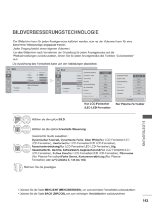 Page 185143
BILDSTEUERUNG
OK Bewegen  BILD
SSScSc Schä fhä fhärfhärfhärfhärfhärfhärfhärf7070e70e70e70e70e70e70e 70 60
 0






BILDVERBESSERUNGSTECHNOLOGIE
Der Bildschirm kann für jeden Anzeigemodus kalibriert werden, oder es der Videowert kann für eine 
bestimmte Videoanzeige angepasst werden.
Jeder Eingang besitzt einen eigenen Videowert.
Um den Bildschirm nach Vornehmen der Einstellung für jeden Anzeigemodus auf die 
Werkseinstellungen zurückzusetzen, führen Sie für jeden Anzeigemodus die Funktion...