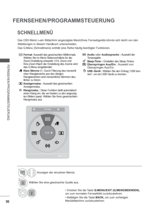 Page 7230
FERNSEHEN/PROGRAMMSTEUERUNG
FERNSEHEN/PROGRAMMSTEUERUNG
Format:Auswahl des gewünschten Bildformats.
Wählen Sie im Menü Seitenverhältnis für die-
Zoom-Einstellung entweder 14:9, Zoom und 
Kino-Zoom iNach der Einstellung des Zooms wird 
das Q.Menu eingeblendet.
       Klare Stimme I I : Durch Filterung des menschli-
chen Klangbereichs aus den übrigen 
Klangbereichen sind menschliche Stimmen deu-
tlicher zu hören.
       Anzeigemodus : Auswahl des gewünschten 
Anzeigemodus.
       Klangmodus : Diese...