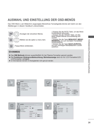 Page 7331
FERNSEHEN/PROGRAMMSTEUERUNG
EINSTBILD
AUDIOZEIT
AUSWAHL UND EINSTELLUNG DER OSD-MENÜS
Das OSD-Menü (=am Bildschirm angezeigtes Menü)Ihres Fernsehgeräts könnte sich leicht von den 
Abbildungen in diesem Handbuch unterscheiden.

Kundendienst aufzurufen.

Menü Simple Manual (Kurzanleitung) auf-
zurufen.
MENU/EXIT (MENÜ/
BEENDEN), um zum normalen Fernsehbild 
zurückzukehren.
BACK (ZURÜCK),
um zum vorherigen Menübildschirm zurück-
zukehren.
HINWEIS
DasISM Methode können ausschließlich für bei...