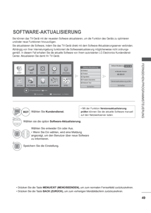 Page 9149
FERNSEHEN/PROGRAMMSTEUERUNG
SOFTWARE-AKTUALISIERUNG
Ausgang
Kundendienst
Einfaches Handbuch
EINST BILDSPERREN
OPTION
ZEIT
MEINE MEDIEN
AUDIO
SPIELNETZWERKBLUETOOTH
1Wählen Sie Kundendienst.
2Wählen sie die option Software-Aktualisierung.
3
Wählen Sie entweder Ein oder Aus.

angezeigt, um den Benutzer über neue Software 
zu informieren.
4Speichern Sie die Einstellung. ROT
MENU/EXIT (MENÜ/BEENDEN), um zum normalen Fernsehbild zurückzukehren.
BACK (ZURÜCK), um zum vorherigen Menübildschirm...