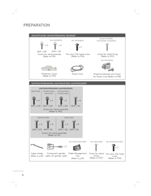 Page 8PREPARATION
8
32/37/42/47/55LE5300, 42/47/55LE7300, 42/47/55LE530C
Screws for stand assembly
(Refer to P.10) x 4
x 4
x 4 x 4
(M4 x 22) (M4 x 26) (M4 x 16) (M4 x 24)
(32LE5300) (47/55LE5300, 
47/55LE530C)
(37/42LE5300, 
42LE530C)
(32/37/42/47/55LE5300, 42/47/55LE530C)
Screws for stand assembly
(Refer to P.11)x 4 x 4
x 3 x 3
(M4 x 12) (M4 x 16)
(M4 x 20) (M4 x 26)
(42/47LE7300) (55LE7300)
32/42/47LD420, 32/42/47/55LD520, 55LD520C
Protection Cover
(Refer to P.15)
Screws for stand assembly (Refer to P.14)...