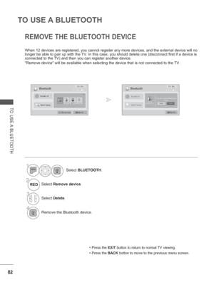 Page 14682
TO USE A BLUETOOTH
TO USE A BLUETOOTH
REMOVE THE BLUETOOTH DEVICE
When 12 devices are registered, you cannot register any more devices, an\
d the external device will no 
longer be able to pair up with the TV. In this case, you should delete one (disconnect first if a device is \
connected to the TV) and then you can register another device.
Remove device will be available when selecting the device that is not \
connected to the TV.
• Press the EXIT button to return to normal TV viewing.
• Press the...