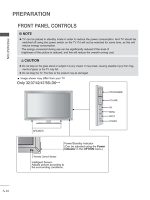 Page 20A-16
PREPARATION
PREPARATION
FRONT PANEL CONTROLS
 
■ Image shown may differ from your TV.
NOTE
 
► TV can be placed in standby mode in order to reduce the power consumptio\
n. And TV should be 
switched off using the power switch on the TV if it will not be watched for some time, as this will 
reduce energy consumption.
 
The energy consumed during use can be significantly reduced if the level\
 of 
brightness of the picture is reduced, and this will reduce the overall r\
unning cost.
 
 CAUTION
 
► Do...