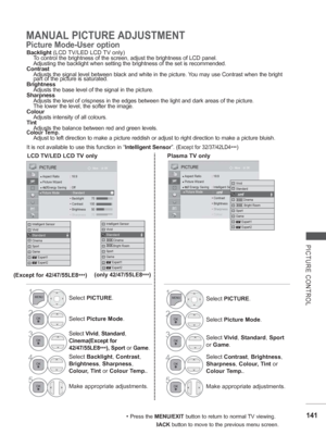 Page 205141
PICTURE CONTROL
MANUAL PICTURE ADJUSTMENT
Picture Mode-User option
Backlight (LCD TV/LED LCD TV only)
  To control the brightness of the screen, adjust the brightness of LCD pan\
el. 
  Adjusting the backlight when setting the brightness of the set is recomm\
ended.
Contrast
  Adjusts the signal level between black and white in the picture. You may use Contrast when the bright  
  part of the picture is saturated.
Brightness
  Adjusts the base level of the signal in the picture.
Sharpness
  Adjusts...