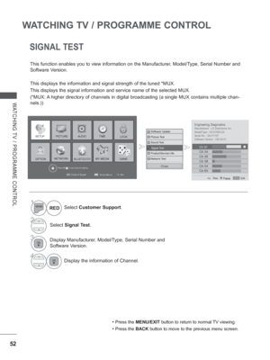 Page 11652
WATCHING TV / PROGRAMME CONTROL
WATCHING TV / PROGRAMME CONTROL
SIGNAL TEST
This function enables you to view information on the Manufacturer, Model/Type, Serial Number and 
Software Version.
This displays the information and signal strength of the tuned *MUX.
This displays the signal information and service name of the selected MU\
X.
(*MUX: A higher directory of channels in digital broadcasting (a single MUX con\
tains multiple chan-
nels.))
Engineering DiagnosticsManufacturer : LG Electronics Inc....