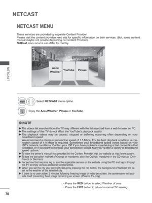 Page 13470
NETCAST
NETCAST
NETCAST MENU
1Select NETCAST  menu option.
2Enjoy the AccuWeather , Picasa or YouTube .
These services are provided by separate Content Provider.
Please visit the content providers web site for specific information on \
their services. (But, some content 
manual maybe not provide depending on Content Provider).
NetCast menu source can differ by country.
• Press the RED button to select Weather of area.
• Press the  EXIT button to return to normal 
 TV viewing.
PicasaYouTubeAccu...