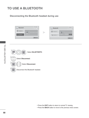 Page 14480
TO USE A BLUETOOTH
TO USE A BLUETOOTH
• Press the EXIT button to return to normal TV viewing.
• Press the BACK button to move to the previous menu screen.
Disconnecting the Bluetooth headset during use
1Select BLUETOOTH.
ExitBluetoothOK
Move
DisconnectPLT 510
00:19:7f:ff:4a:1aDo you want to disconnect headset?
My Info
Bluetooth off
CancelDisconnect
2Select  Disconnect.
3Select Disconnect.
4Disconnect the Bluetooth headset. 
ExitBluetoothOK
Move
DisconnectPLT 510
00:19:7f:ff:4a:1aBluetooth headset is...