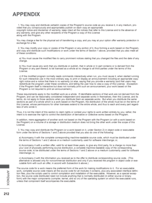 Page 276212
APPENDIX
APPENDIX
  1. You may copy and distribute verbatim copies of the Programs source code \
as you receive it, in any medium, pro-
vided that you conspicuously and appropriately publish on each copy an a\
ppropriate
copyright notice and disclaimer of warranty; keep intact all the notices\
 that refer to this License and to the absence of 
any warranty; and give any other recipients of the Program a copy of thi\
s License
along with the Program.
You may charge a fee for the physical act of...