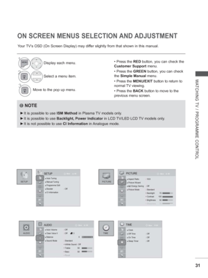 Page 9531
WATCHING TV / PROGRAMME CONTROL
ON SCREEN MENUS SELECTION AND ADJUSTMENT
Your TVs OSD (On Screen Display) may differ slightly from that shown in this manual.• Press the RED button, you can check the 
Customer Support menu.
• Press the GREEN button, you can check 
the  Simple Manual  menu.
• Press the  MENU/EXIT button to return to 
normal TV viewing.
• Press the  BACK button to move to the 
previous menu screen.
NOTE
 
► It is possible to use ISM Method  in Plasma TV models only.
 
► It is possible to...