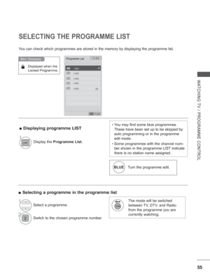 Page 11955
WATCHING TV / PROGRAMME CONTROL
SELECTING THE PROGRAMME LIST
You can check which programmes are stored in the memory by displaying the\
 programme list.
Displayed when the 
Locked Programme.
Mini Glossary
 
■ Displaying programme LIST
 
■ Selecting a programme in the programme list
•  You may find some blue programmes. 
These have been set up to be skipped by 
auto programming or in the programme 
edit mode.
•  Some programmes with the channel num-
ber shown in the programme LIST indicate 
there is no...