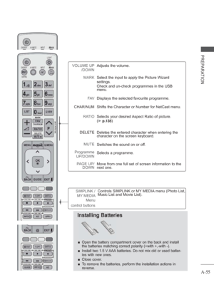 Page 59A-55
PREPARATION
Installing Batteries
 
■ Open the battery compartment cover on the back and install 
the batteries matching correct polarity (+with +,-with -). 
 
■ Install two 1.5 V AAA batteries. Do not mix old or used batter-
ies with new ones.
 
■ Close cover

.
 
■ To remove the batteries, perform the installation actions in 
reverse.
SIMPLINK / 
MY MEDIA  Menu    
control buttons Controls SIMPLINK or MY MEDIA menu (Photo List, 
Music List and Movie List).
VOLUME UP
/DOWN
MARK
FAV
CHAR/NUM 
RATIO...