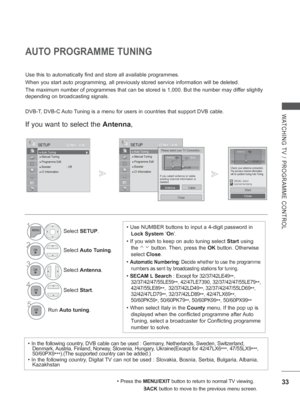 Page 9733
WATCHING TV / PROGRAMME CONTROL
AUTO PROGRAMME TUNING 
Use this to automatically find and store all available programmes.
When you start auto programming, all previously stored service informati\
on will be deleted.
The maximum number of programmes that can be stored is 1,000. But the nu\
mber may differ slightly 
depending on broadcasting signals.
DVB-T, DVB-C Auto Tuning is a menu for users in countries that support DVB cable. 
If you want to select the Antenna,
• Press the MENU/EXIT button to...