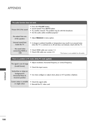 Page 102100
APPENDIX
APPENDIX
T Th
he
e 
 a
au
ud
di
io
o 
 f
fu
un
nc
ct
ti
io
on
n 
 d
do
oe
es
s 
 n
no
ot
t 
 w
wo
or
rk
k.
.
T
Th
he
er
re
e 
 i
is
s 
 a
a 
 p
pr
ro
ob
bl
le
em
m 
 i
in
n 
 P
PC
C 
 m
mo
od
de
e.
. 
 (
(O
On
nl
ly
y 
 P
PC
C 
 m
mo
od
de
e 
 a
ap
pp
pl
li
ie
ed
d)
)
APress the VOLUMEbutton.
ASound muted? Press MUTEbutton.
ATry another channel. The problem may be with the broadcast.
AAre the audio cables installed properly?
AAdjust Balancein menu option.
AA change in ambient humidity or...