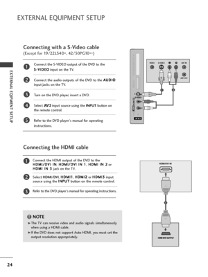 Page 2624
EXTERNAL EQIPMENT SETUP
EXTERNAL EQUIPMENT SETUP
HDMI/DVI IN
AV 1 AV 2
Connecting the HDMI cable
Connect the HDMI output of the DVD to the
H HD
DM
MI
I/
/D
DV
VI
I 
 I
IN
N
,H HD
DM
MI
I/
/D
DV
VI
I 
 I
IN
N 
 1
1
,H HD
DM
MI
I 
 I
IN
N 
 2
2
or
H HD
DM
MI
I 
 I
IN
N 
 3
3 
 
jack on the TV.
Select HDMI/DVI, H HD
DM
MI
I1
1
, H HD
DM
MI
I2
2
or H HD
DM
MI
I3
3
input
source using the I IN
NP
PU
UT
T
button on the remote control.
Refer to the DVD player's manual for operating instructions.
2
3
1
1
G...