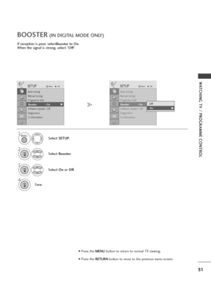 Page 5351
WATCHING TV / PROGRAMME CONTROL
If reception is poor, selectBoosterto On.
When the signal is strong, select “
Off”.
BOOSTER(IN DIGITAL MODE ONLY)
Select SETUP.
2
Select Booster.
3
Select On orOff.
4
Save.
SETUPMoveOK
Auto tuning
Manual tuning
Programme Edit
Booster              : On
Software Update : Off
Diagnostics
CI Information
Booster            : On
SETUPMoveOK
Auto tuning
Manual tuning
Programme Edit
Booster              : On
Software Update : Off
Diagnostics
CI Information
Booster            :...