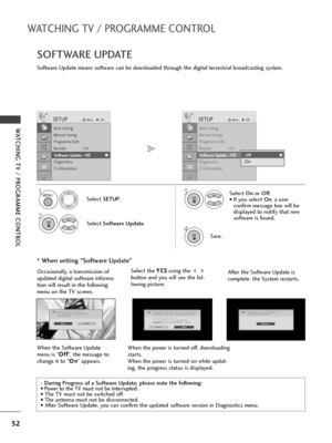 Page 5452
WATCHING TV / PROGRAMME CONTROL
WATCHING TV / PROGRAMME CONTROL
Software Update means software can be downloaded through the digital terrestrial broadcasting system.
SOFTWARE UPDATE
* When setting “Software Update”
- During Progress of a Software Update, please note the following:
• Power to the TV must not be interrupted.
• The TV must not be switched off. 
• The antenna must not be disconnected. 
• After Software Update, you can confirm the updated software version in Diagnostics menu.
Select...