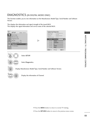 Page 5553
WATCHING TV / PROGRAMME CONTROL
This function enables you to view information on the Manufacturer, Model/Type, Serial Number and Software
Version.
This displays the information and signal strength of the tuned MUX.
This displays the signal information and service name of the selected MUX.
DIAGNOSTICS(IN DIGITAL MODE ONLY)
Select SETUP.
2
Select Diagnostics.
4
Display the information of Channel.
3
Display Manufacturer, Model/Type, Serial Number and Software Version.
SETUPMoveOK
Auto tuning
Manual...