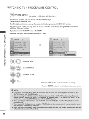 Page 5856
WATCHING TV / PROGRAMME CONTROL
WATCHING TV / PROGRAMME CONTROL
2
(Except for 19/22LS4D
*, 42/50PG10
**)
This function operates only with devices with the SIMPLINK logo.
Please check the SIMPLINK logo.
This TV might not function properly when using it with other products with HDMI-CEC function.
This allows you to control and play other AV devices connected to the display through HDMI cable without
additional cables and settings.
If you do not want SIMPLINK menu, select “O Of
ff
f
”.
SIMPLINK function...