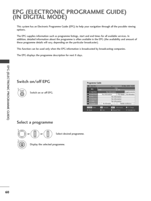 Page 6260
EPG (ELECTRONIC PROGRAMME GUIDE)
EPG (ELECTRONIC PROGRAMME GUIDE)
(IN DIGITAL MODE)
This system has an Electronic Programme Guide (EPG) to help your navigation through all the possible viewing
options.
The EPG supplies information such as programme listings, start and end times for all available services. In 
addition, detailed information about the programme is often available in the EPG (the availability and amount of
these programme details will vary, depending on the particular broadcaster).
This...