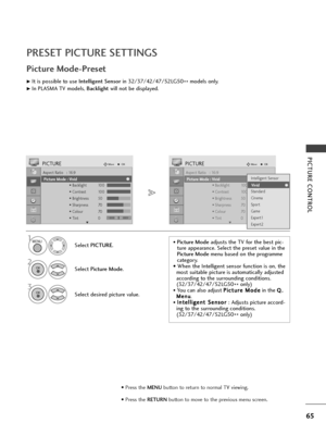 Page 6765
PICTURE CONTROL
PRESET PICTURE SETTINGS
Picture Mode-Preset
Select PICTURE.
2
Select Picture Mode.
3
Select desired picture value.
1
Aspect Ratio   : 16:9
Picture Mode  : Vivid
• Backlight 100
• Contrast 100
• Brightness 50
• Sharpness 70
• Colour 70
• Tint 0
PICTUREMoveOK
E
Picture Mode : Vivid
Aspect Ratio   : 16:9
Picture Mode  : Vivid
• Backlight 100
• Contrast 100
• Brightness 50
• Sharpness 70
• Colour 70
• Tint 0
PICTUREMoveOK
E
Picture Mode : VividIntelligent Sensor
Vivid
Standard
Cinema...