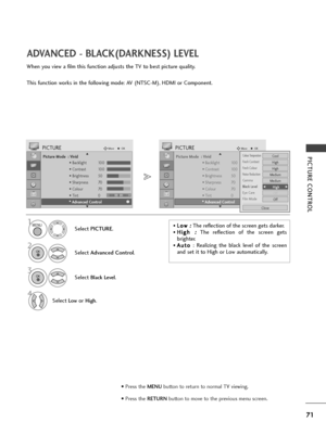 Page 7371
PICTURE CONTROL
ADVANCED - BLACK(DARKNESS) LEVEL
When you view a film this function adjusts the TV to best picture quality.
This function works in the following mode: AV (NTSC-M), HDMI or Component.
Picture Mode  : Vivid
• Backlight 100
• Contrast 100
• Brightness 50
• Sharpness 70
• Colour 70
• Tint 0
• Advanced Control
PICTUREMoveOK
E D• 
Advanced Control
Select PICTURE.
2
Select Advanced Control.
3
Select Black Level.
4
Select Lowor High.
1
Picture Mode  : Vivid
• Backlight 100
• Contrast 100
•...