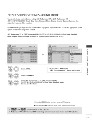 Page 7977
SOUND & LANGUAGE CONTROLAuto Volume : Off
Balance 0
Sound Mode : Standard
• 120Hz 0
• 200Hz 0
• 500Hz 0
• 1.2KHz 0
• 3KHz 0
AUDIOMoveOK
E
Sound Mode    : Standard 
LR
Auto Volume : Off
Balance 0
Sound Mode : Standard
• 120Hz 0
• 200Hz 0
• 500Hz 0
• 1.2KHz 0
• 3KHz 0
AUDIOMoveOK
E
Sound Mode    : Standard 
LR
PRESET SOUND SETTINGS-SOUND MODE
You can select your preferred sound setting; SRS TruSurround XTor (SRS TruSurround HD
(32/37/42/47/52LG5010 Only)), Clear Voice, Standard, Music, Cinema, Sportor...