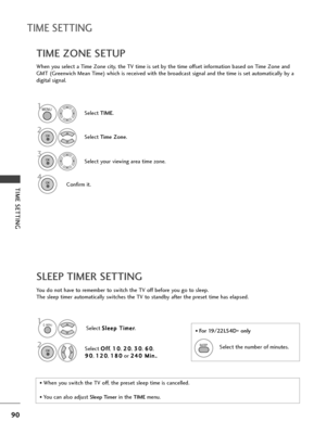 Page 9290
TIME SETTING
TIME SETTING
You do not have to remember to switch the TV off before you go to sleep.
The sleep timer automatically switches the TV to standby after the preset time has elapsed.
SLEEP TIMER SETTING
When you select a Time Zone city, the TV time is set by the time offset information based on Time Zone and
GMT (Greenwich Mean Time) which is received with the broadcast signal and the time is set automatically by a
digital signal.
TIME ZONE SETUP
Select TIME.
2
Select Time Zone.
1
3
Select...