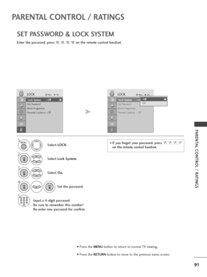 Page 9391
PARENTAL CONTROL / RATINGS
PARENTAL CONTROL / RATINGS
SET PASSWORD & LOCK SYSTEM
Enter the password, press ‘0’, ‘0’, ‘0’, ‘0’ on the remote control handset.
Select LOCK.
2
Select Lock System.
3
Select On.
4
Set the password.
5
Input a 4-digit password.
Be sure to remember this number!
Re-enter new password for confirm.
1• If you forget your password, press ‘7’, ‘7’, ‘7’, ‘7’
on the remote control handset.
Lock System : Off
Set Password
Block Programme
Parental Guidance : Off
LOCKMoveOK
Lock System :...