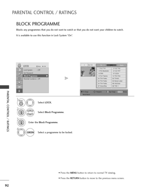 Page 9492
PARENTAL CONTROL / RATINGS
PARENTAL CONTROL / RATINGS
BLOCK PROGRAMME
Blocks any programmes that you do not want to watch or that you do not want your children to watch.
It is available to use this function in Lock System “On”.
Select LOCK.
2
Select Block Programme.
1
Lock System : Off
Set Password
Block Programme
Parental Guidance : Off
LOCKMoveOK
Block Programme
YLE TV11TVDTVRadio
1 YLE TV12 YLE TV2
4 TV4 Stockholm5 YLE FST
6 CNN8 YLE24
9 YLE Teema14 TV4 Film
24 TV4 Fakta50 TV400
24 TV4 Fakta84...