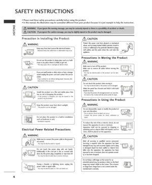 Page 44
SAFETY INSTRUCTIONS
ENGLISH
• Please read these safety precautions carefully before using the product.
• In this manual, the illustration may be somewhat different from your product because it is just example to help the instruction.
If you ignore the warning message, you may be seriously injured or there is a possibility of accident or death.
If you ignore the caution message, you may be slightly injured or the product may be damaged.
P Pr
re
ec
ca
au
ut
ti
io
on
n 
 i
in
n 
 I
In
ns
st
ta
al
ll
li...