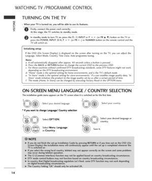 Page 1614
WATCHING TV /PROGRAMME CONTROL
ENGLISH
Select your country.
2
OK 
TURNING ON THE TV
Firstly, connect the power cord correctly.
At this stage, the TV switches to standby mode.
In standby mode to turn TV on, press the
r r 
/ I, INPUTor P (or PR D E) button on the TV or
press thePOWER, INPUT, D/A, P (or PR + -) or NUMBERbutton on the remote control and the
TV will switch on.2
1
- When your TV is turned on, you will be able to use its features.
ON-SCREEN MENU LANGUAGE / COUNTRY SELECTION
The installation...