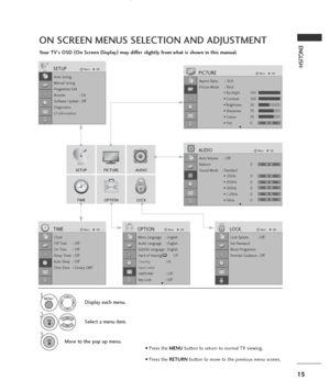 Page 1715
ENGLISHON SCREEN MENUS SELECTION AND ADJUSTMENT
Your TV's OSD (
On Screen Display)
may differ slightly from what is shown in this manual.
SETUPAUDIO
TIMEOPTIONLOCK
PICTURE
Auto tuning
Manual tuning
Programme Edit
Booster              : On
Software Update : Off
Diagnostics
CI Information
SETUPMoveOK
Aspect Ratio : 16:9
Picture Mode : Vivid
• Backlight 100
• Contrast 100
• Brightness 50
• Sharpness 70
• Colour 70
• Tint 0
PICTUREMoveOK
E
Auto Volume : Off
Balance 0
Sound Mode    : Standard
• 120Hz...