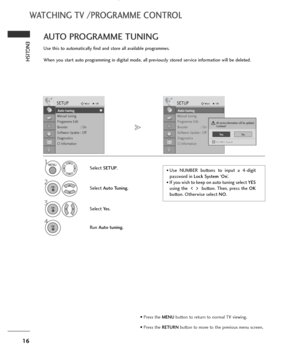 Page 1816
WATCHING TV /PROGRAMME CONTROL
ENGLISH
Use this to automatically find and store all available programmes.
When you start auto programming in digital mode, all previously stored service information will be deleted.
AUTO PROGRAMME TUNING 
• Use NUMBER buttons to input a 4-digit
password in Lock System‘On’.
• If you wish to keep on auto tuning select YES
using the button. Then, press the OK
button. Otherwise select NO. 
Select SETUP.
2
Select Auto Tuning.
3
Select Ye s.
4
Run Auto tuning.
SETUPMoveOK...