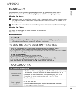 Page 1917
APPENDIX
ENGLISH
TO VIEW THE USER'S GUIDE ON THE CD-ROM
To view the User's guide on the CD-ROM, Adobe Acrobat Reader must be installed on your PC.
The "ACRORD" folder on the CD-ROM contains the installation program for Acrobat Reader.
If you want to install Acrobat Reader, Open "My Computer"      Open the folder "LG"       Open the folder "ACRORD"   
double-click your language.
T To
o 
 v
vi
ie
ew
w 
 t
th
he
e 
 U
Us
se
er
r'
's
s 
 g
gu
ui
id
de
e
The...