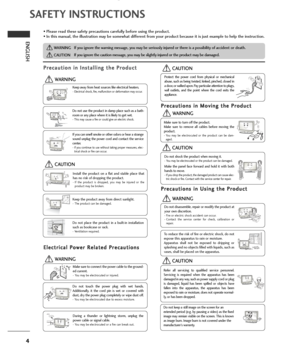 Page 64
SAFETY INSTRUCTIONS
ENGLISH
• Please read these safety precautions carefully before using the product.
• In this manual, the illustration may be somewhat different from your product because it is just example to help the instruction.
If you ignore the warning message, you may be seriously injured or there is a possibility of accident or death.
If you ignore the caution message, you may be slightly injured or the product may be damaged.
P Pr
re
ec
ca
au
ut
ti
io
on
n 
 i
in
n 
 I
In
ns
st
ta
al
ll
li...