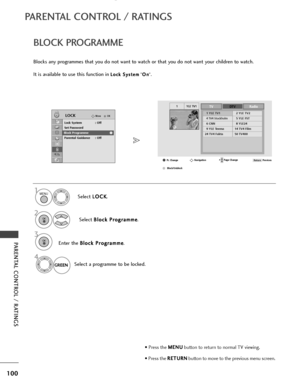 Page 102YLE TV11
Pr. ChangePage ChangeP
TVDTVRadio
1 YLE TV12 YLE TV2
4 TV4 Stockholm5 YLE FST
6 CNN8 YLE24
9 YLE Teema14 TV4 Film
24 TV4 Fakta50 TV400
NavigationPrevious
Return
Block/Unblock
100
PARENTAL CONTROL / RATINGS
BLOCK PROGRAMME
PARENTAL CONTROL / RATINGS
Blocks any programmes that you do not want to watch or that you do not want your children to watch.
It is available to use this function in 
L L o
o c
ck
k 
 S
S y
ys
st
te
e m
m
”O
O
n
n
”.
Select  L
L
O
O C
CK
K
.
Select  B
B
l
lo
o c
ck
k 
 P
P r...