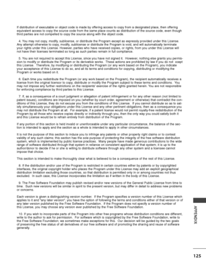 Page 127125
APPENDIX
If distribution of executable or object code is made by offering access to copy from a designated place, then offering
equivalent access to copy the source code from the same place counts as \
distribution of the source code, even though
third parties are not compelled to copy the source along with the object\
 code.4. You may not copy, modify, sublicense, or distribute the Program except as expressly provided und\
er this License.
Any attempt otherwise to copy, modify, sublicense or...