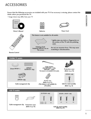 Page 31
ACCESSORIES
ACCESSORIES
Ensure that the following accessories are included with your TV. If an accessory is missing, please contact the
dealer where you purchased the TV.
■Image shown may differ from your TV
Owner’s ManualBatteries
Remote ControlPower Cord
Polishing Cloth
Polishing cloth for use on the screen.
This feature is not available for all models.
* 
Lightly wipe any stains or fingerprints on
the surface of the TV with the polishing
cloth.
Do not use excessive force. This may cause
scratching...
