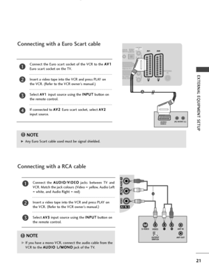 Page 2321
EXTERNAL EQUIPMENT SETUP
(R) AUDIO (L)
AUDIO/
VIDEO
Connecting with a Euro Scart cable
1
Connect the Euro scart socket of the VCR to the  A
A
V
V1
1
Euro scart socket on the TV.
Insert a video tape into the VCR and press PLAY on
the VCR. (Refer to the VCR owner’s manual.)
Select 
A A V
V1
1input source using the  I
I
N
N P
PU
U T
T
button on
the remote control.
If connected to  A A
V
V2
2  
 
Euro scart socket, select 
A
A V
V2
2
input source.
2
3
4
1
Connecting with a RCA cable
LRS-VIDEOVIDEO
OUTPUT...