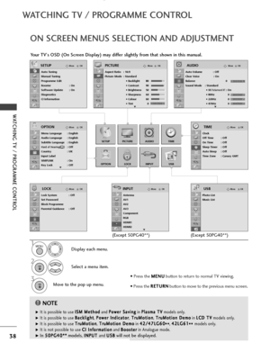 Page 4038
WATCHING TV / PROGRAMME CONTROL
WATCHING TV / PROGRAMME CONTROL
ON SCREEN MENUS SELECTION AND ADJUSTMENT
Your TV's OSD (On Screen Display) may differ slightly from that shown in this manual.
OKMove
Auto Tuning
Manual Tuning
Programme Edit
Booster : On
Software Update : On
Diagnostics
CI Information
SETUP
SETUP
OPTION
PICTURE
LOCK
AUDIO
INPUT
TIME
USB
OKMove
Aspect Ratio   : 16:9
Picture Mode  : Standard• Backlight 80 
• Contrast 90
• Brightness 50
• Sharpness 60
• Colour 60
• Tint 0
PICTURE
E...