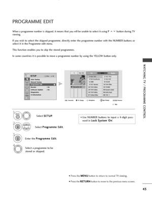 Page 4543
WATCHING TV / PROGRAMME CONTROL
PROGRAMME EDIT 
When a programme number is skipped, it means that you will be unable to select it using P button during TV
viewing. 
If you wish to select the skipped programme, directly enter the programme number with the NUMBER buttons or
select it in the Programme edit menu.
This function enables you to skip the stored programmes.
In some countries it is possible to move a programme number by using the YELLOW button only.
• Use NUMBER buttons to input a 4-digit...