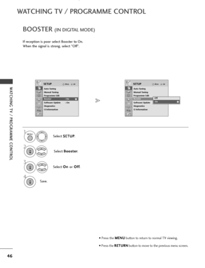 Page 48BOOSTER (IN DIGITAL MODE)
If reception is poor select Booster to On.
When the signal is strong, select "Off".Select S S
E
ET
T U
U P
P
.
Select  B
B
o
oo
os
st
te
e r
r
.
Select  O
O
n
n 
 
or O
O
f
ff
f
.
Save.
OKMove
Auto Tuning
Manual Tuning
Programme Edit
Booster : On
Software Update : On
Diagnostics
CI Information
SETUP
Booster : On
OKMove
Auto Tuning
Manual Tuning
Programme Edit
Booster : On
Software Update : On
Diagnostics
CI Information
SETUP
Booster: OnOff
On
On
46
WATCHING TV /...